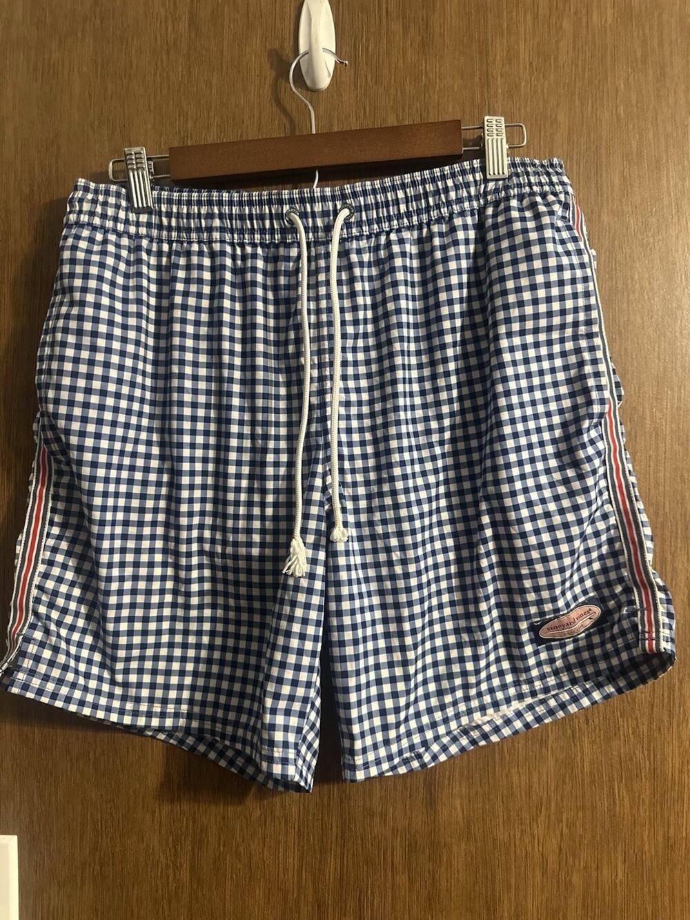 Vineyard Vines gingham blue checkered mens sz medium lined swim trunks wet bag